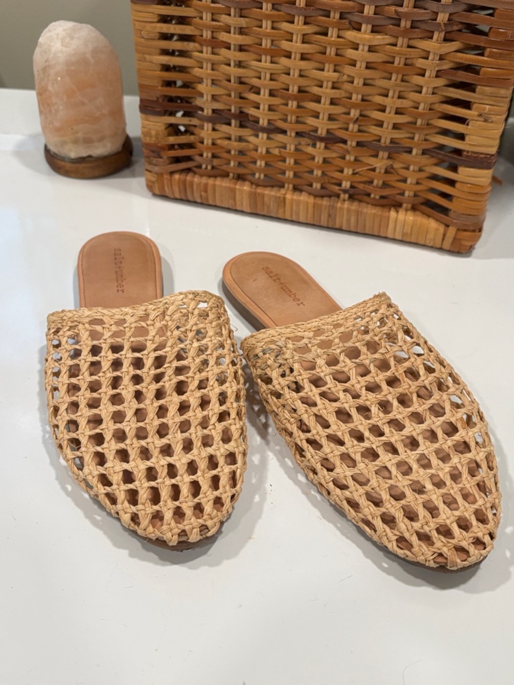 salt + umber Woven Rattan Pointed-Toe Mule Slides in Natural Tan